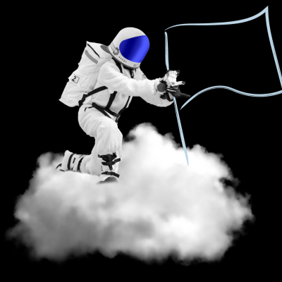 astronaut with a white flag on a floating cloud